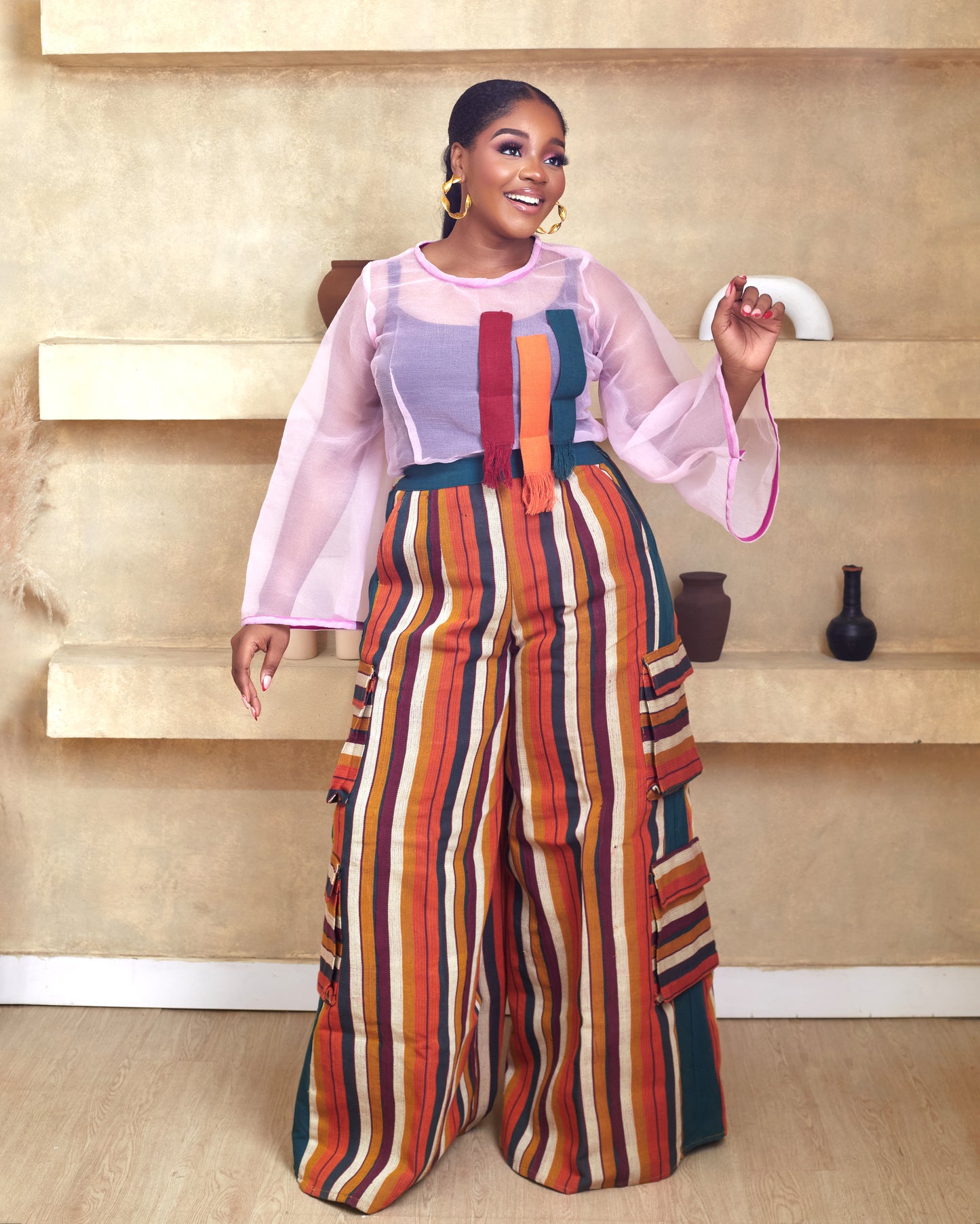 Isioma Orange and Green Aso Oke Cargo Pants and Blouse