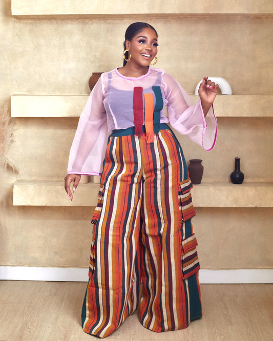 Isioma Orange and Green Aso Oke Cargo Pants and Blouse
