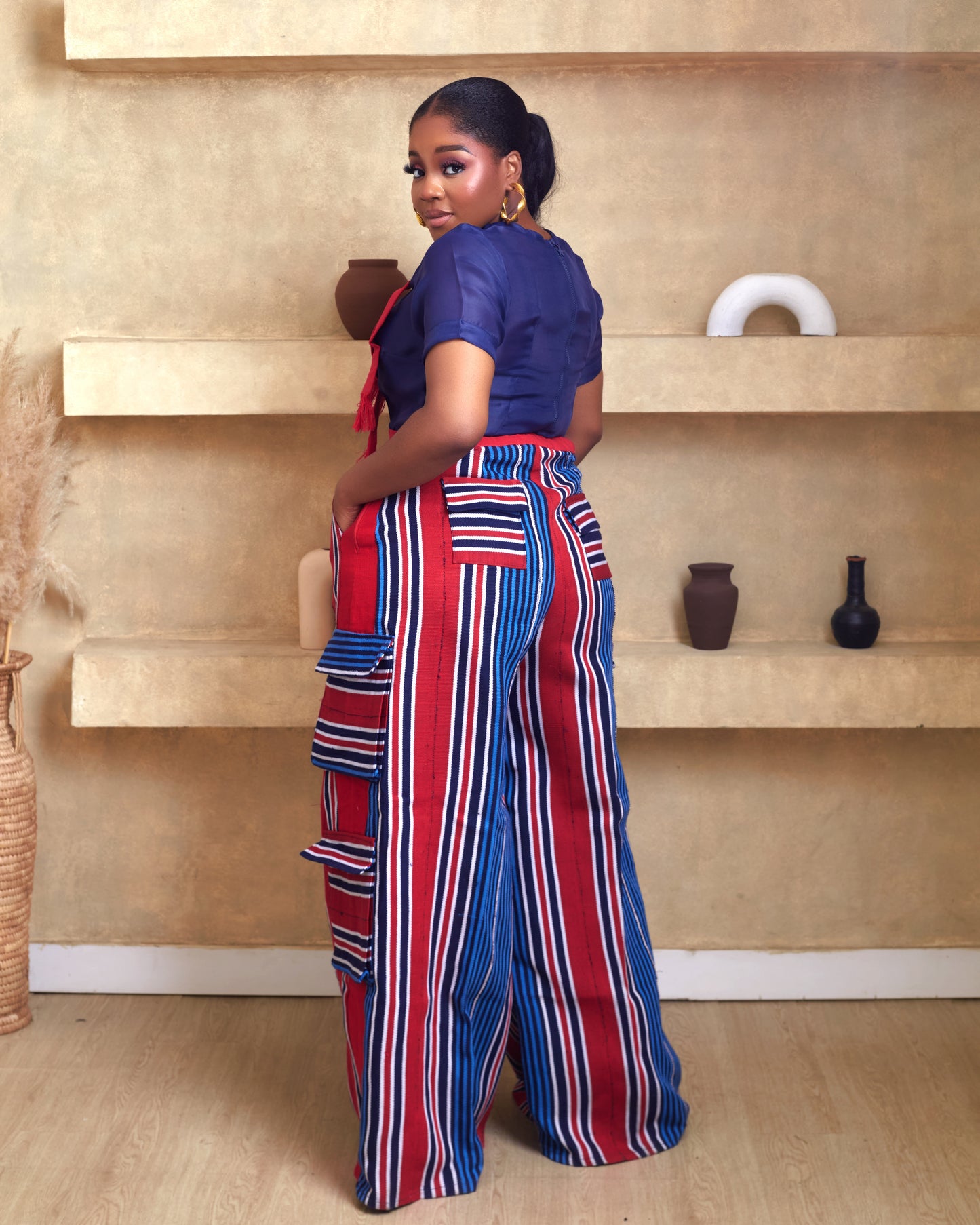 Aduke Aso Oke african hand woven pant with luxurious organdi Blouse