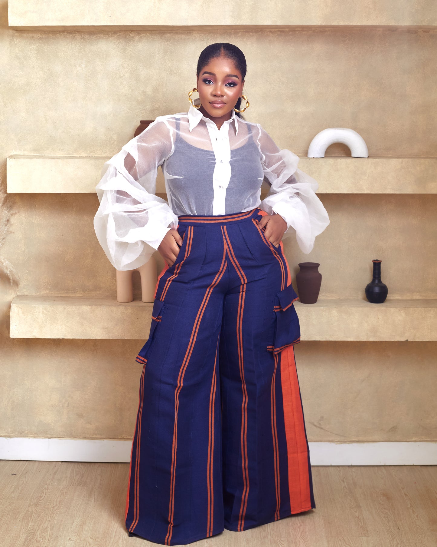 Bolanle Aso Oke African Hand woven Pant with Luxurious Organdy Exergerated Button down Shirt
