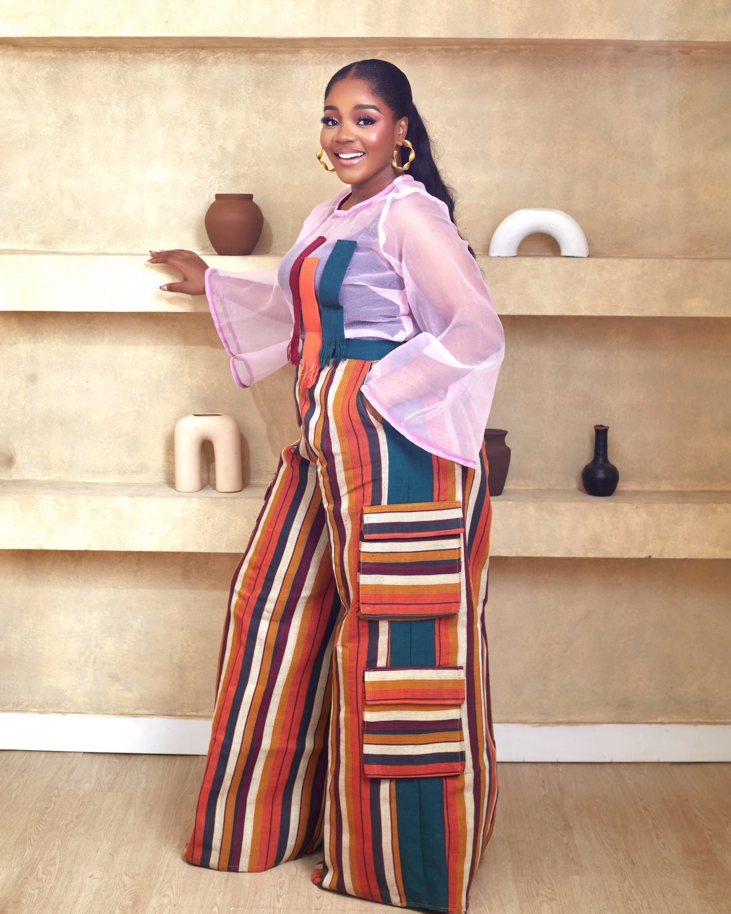 Isioma Orange and Green Aso Oke Cargo Pants and Blouse