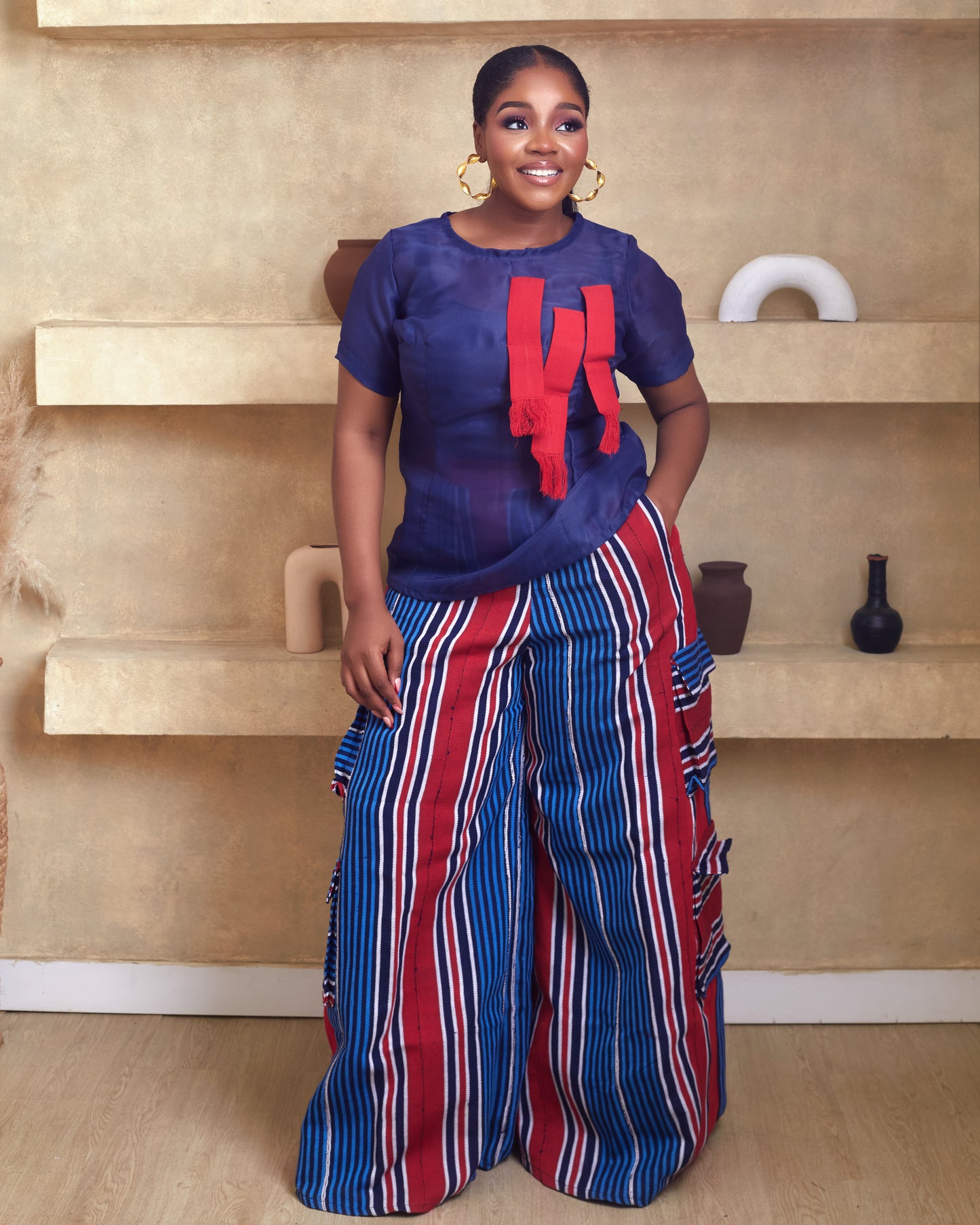 Aduke Aso Oke african hand woven pant with luxurious organdi Blouse