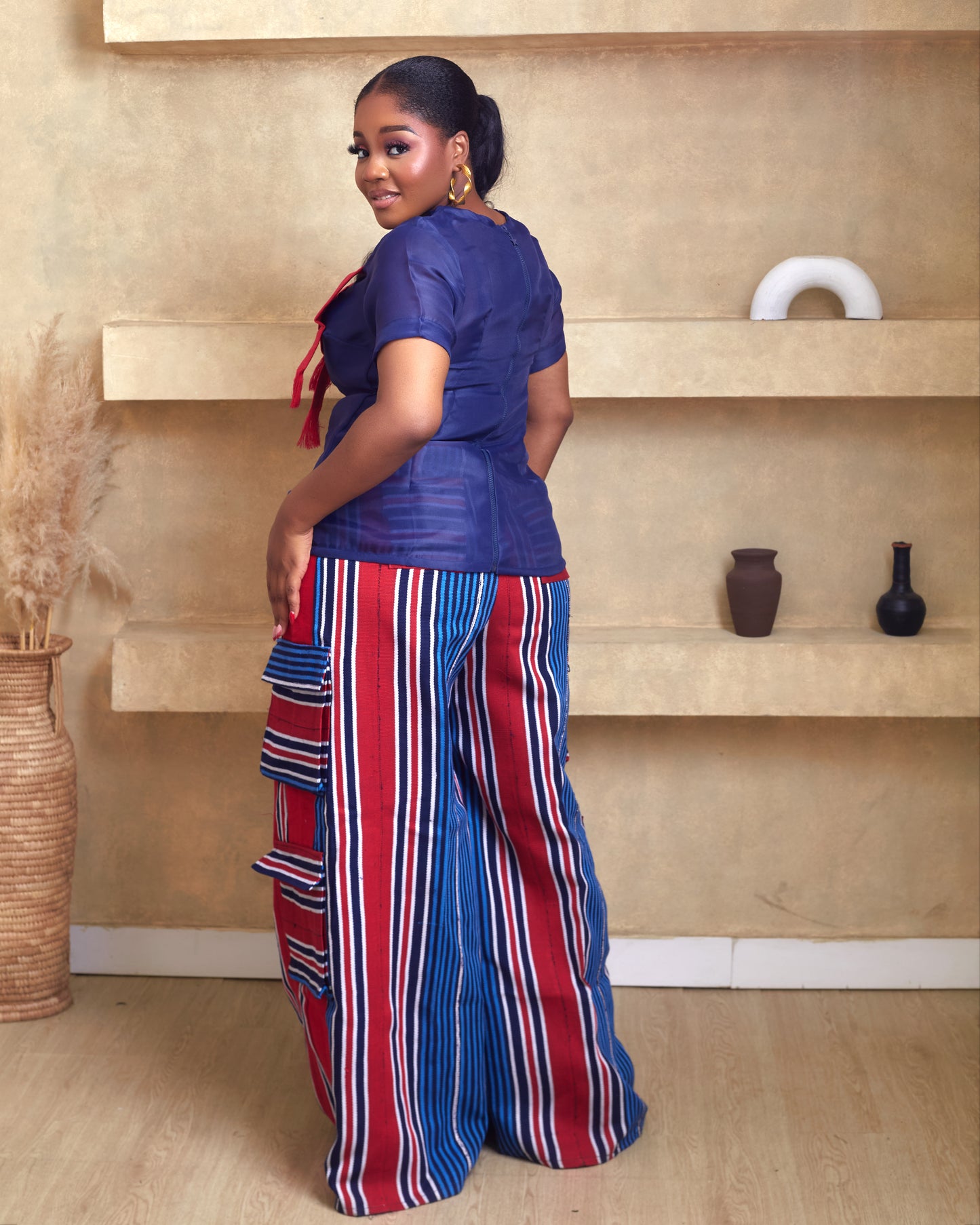 Aduke Aso Oke african hand woven pant with luxurious organdi Blouse