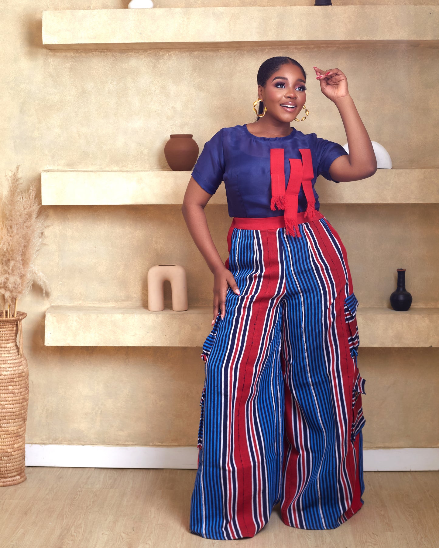 Aduke Aso Oke african hand woven pant with luxurious organdi Blouse