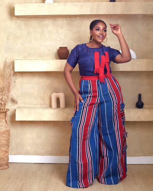 Aduke Aso Oke african hand woven pant with luxurious organdi Blouse