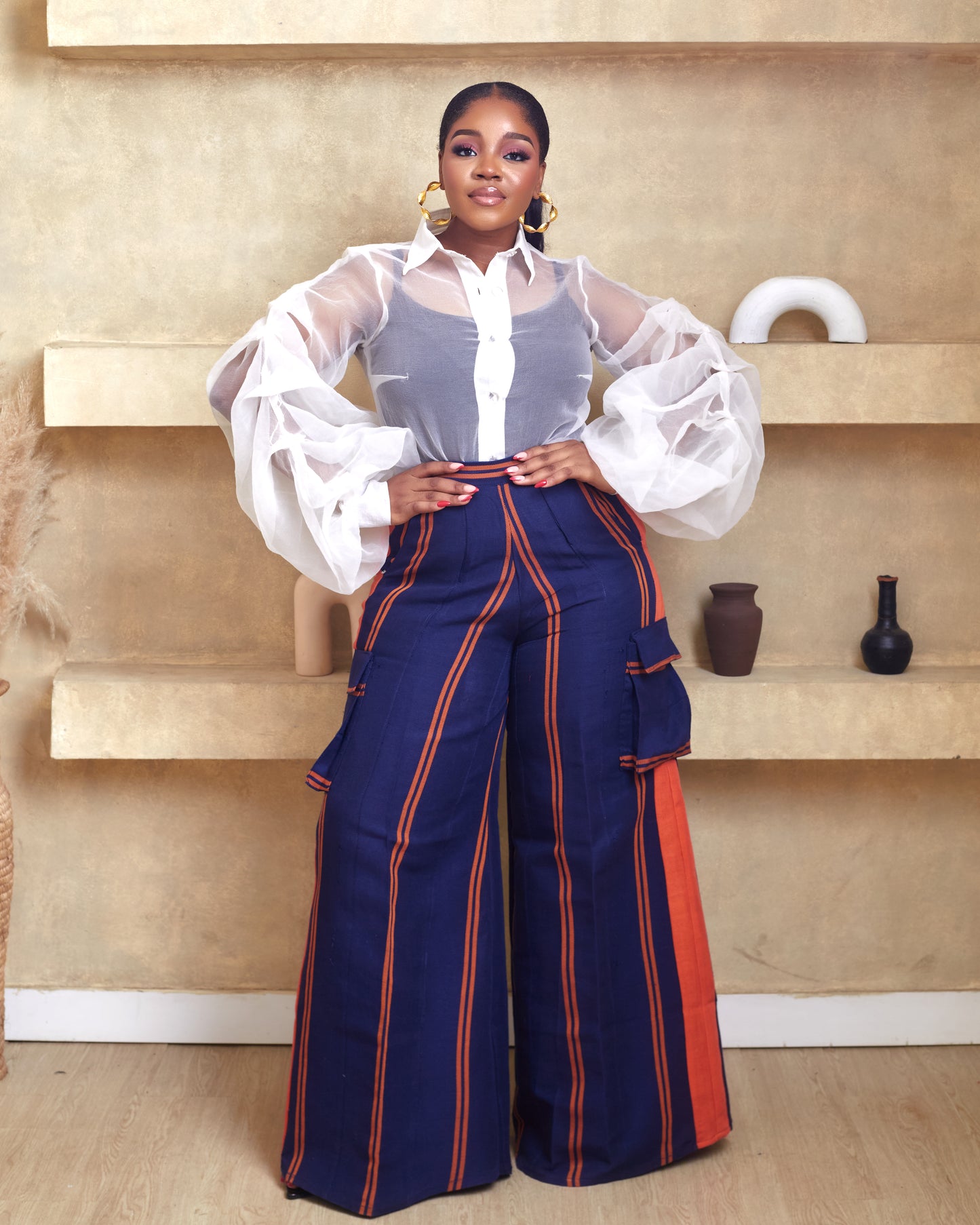 Bolanle Aso Oke African Hand woven Pant with Luxurious Organdy Exergerated Button down Shirt