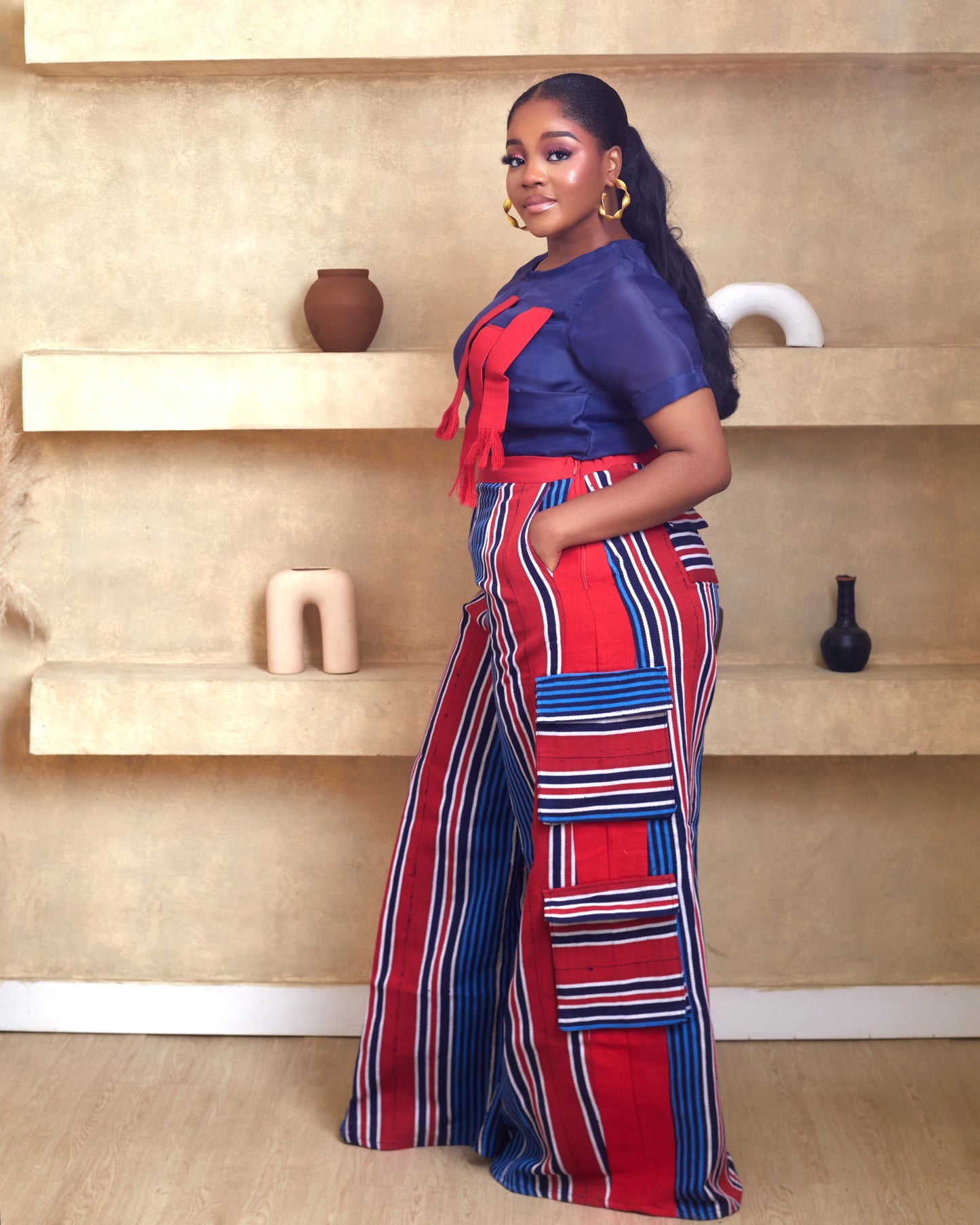 Aduke Aso Oke african hand woven pant with luxurious organdi Blouse
