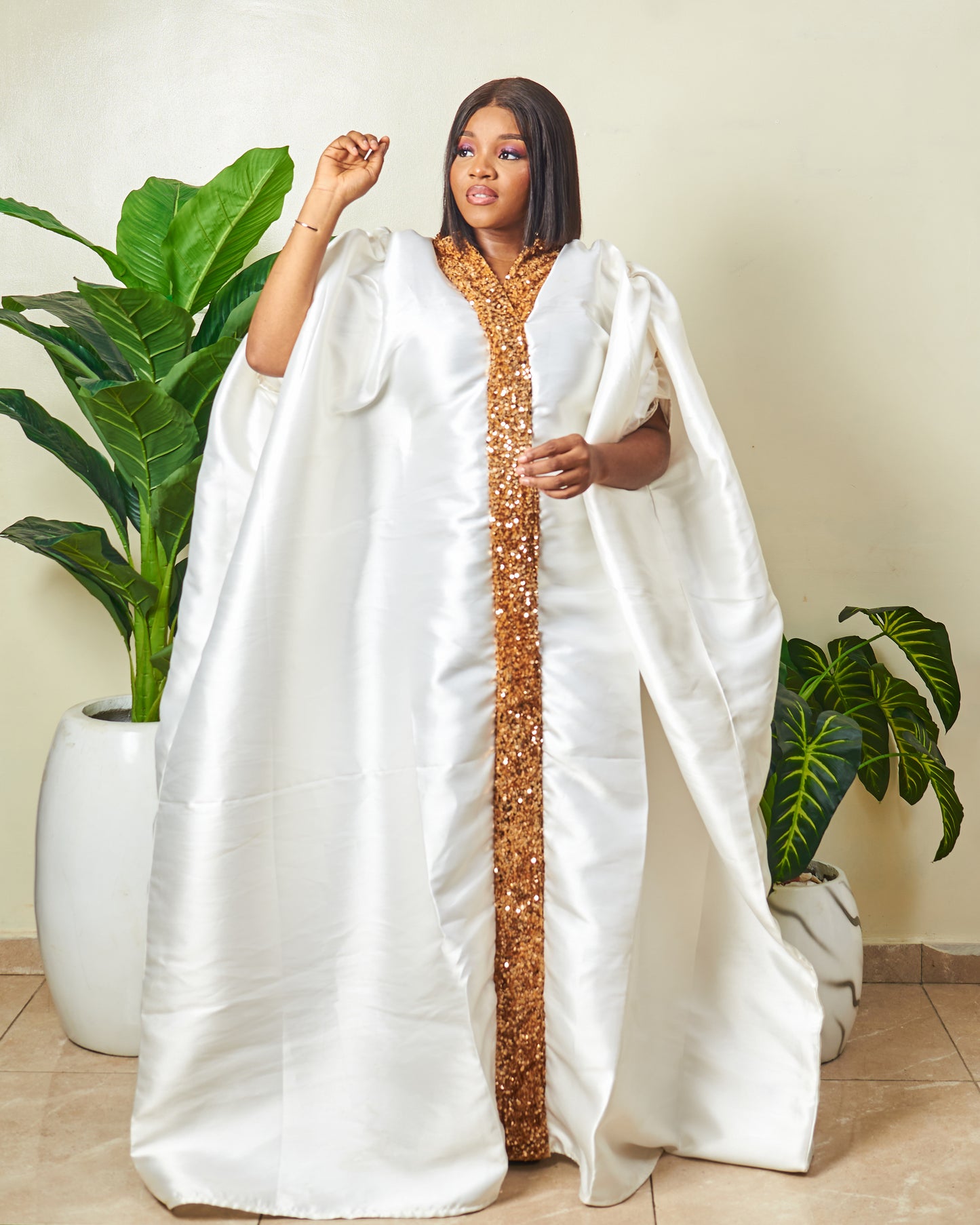 Adebisi White and gold sequence African Boubou dress