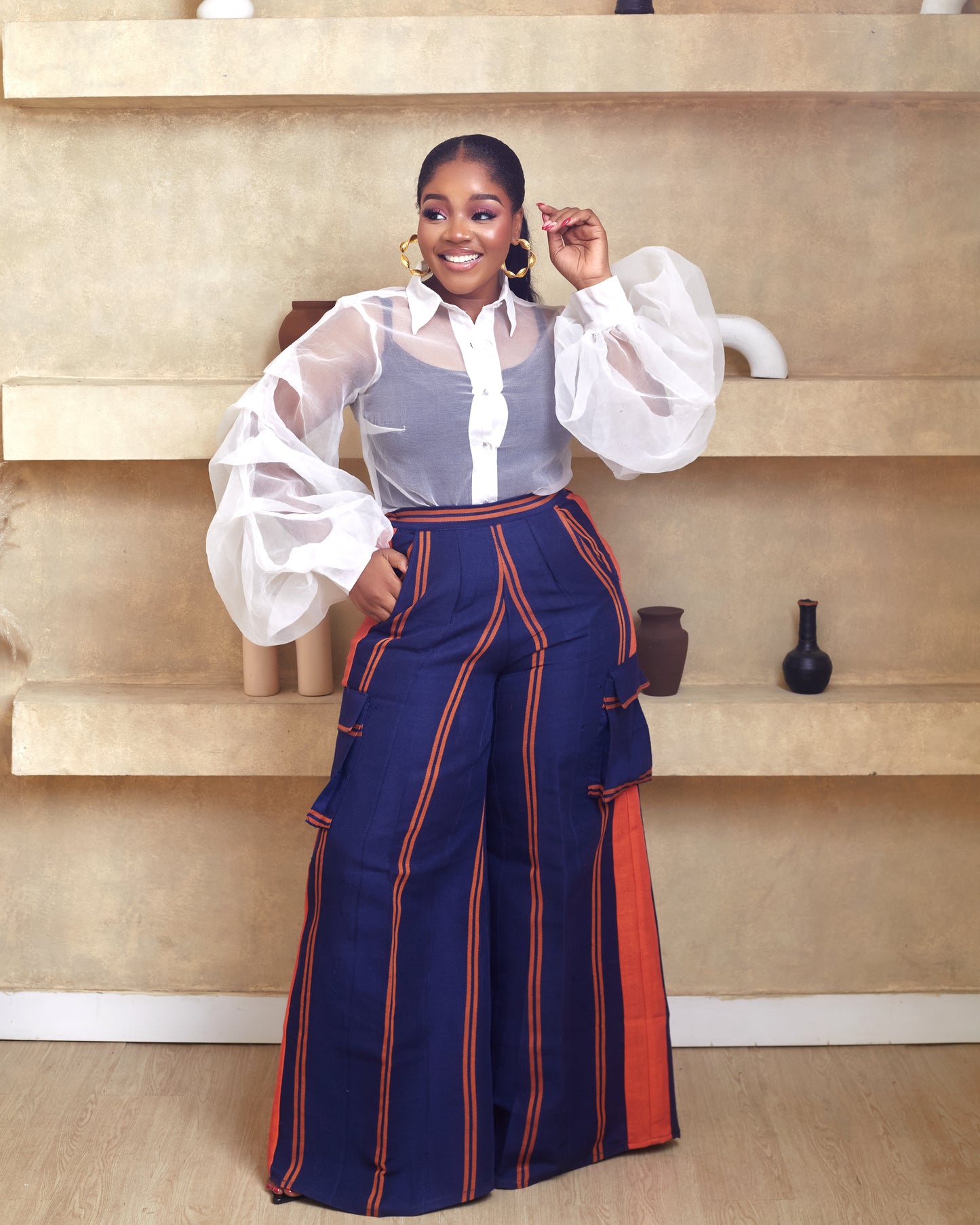 Bolanle Aso Oke African Hand woven Pant with Luxurious Organdy Exergerated Button down Shirt