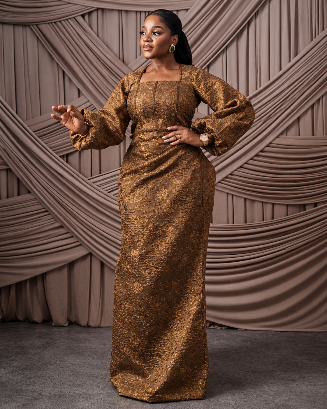 Neema Brown African Brocade Blouse and Wrapper