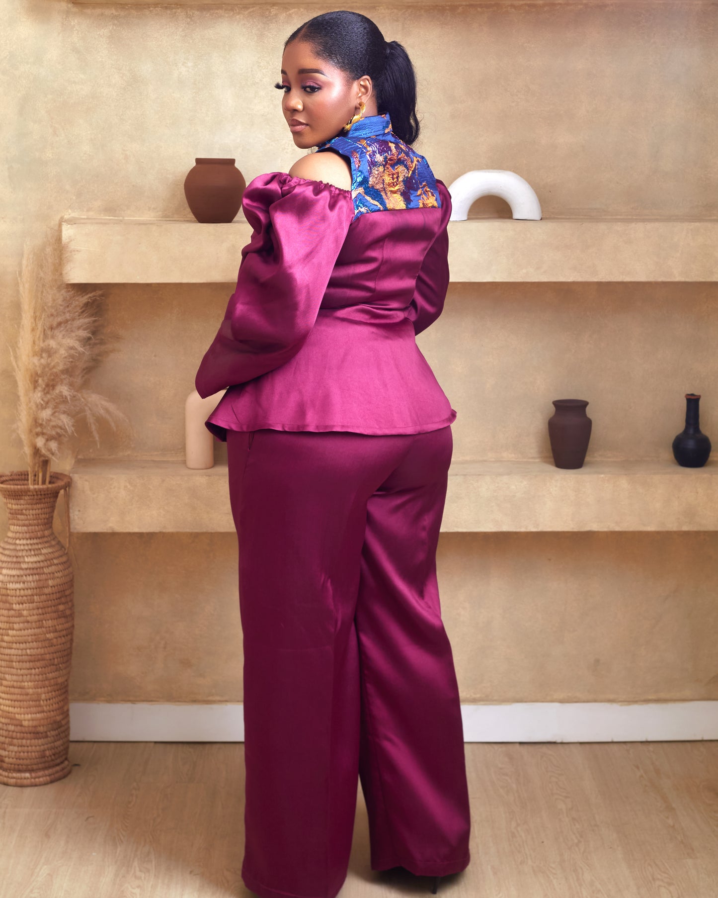 Adunni wine mikado and brocade damask african pant set