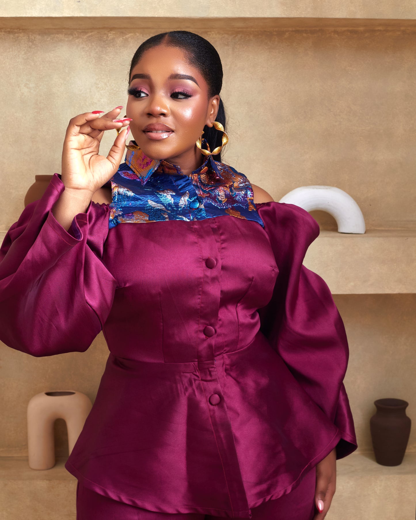 Adunni wine mikado and brocade damask african pant set