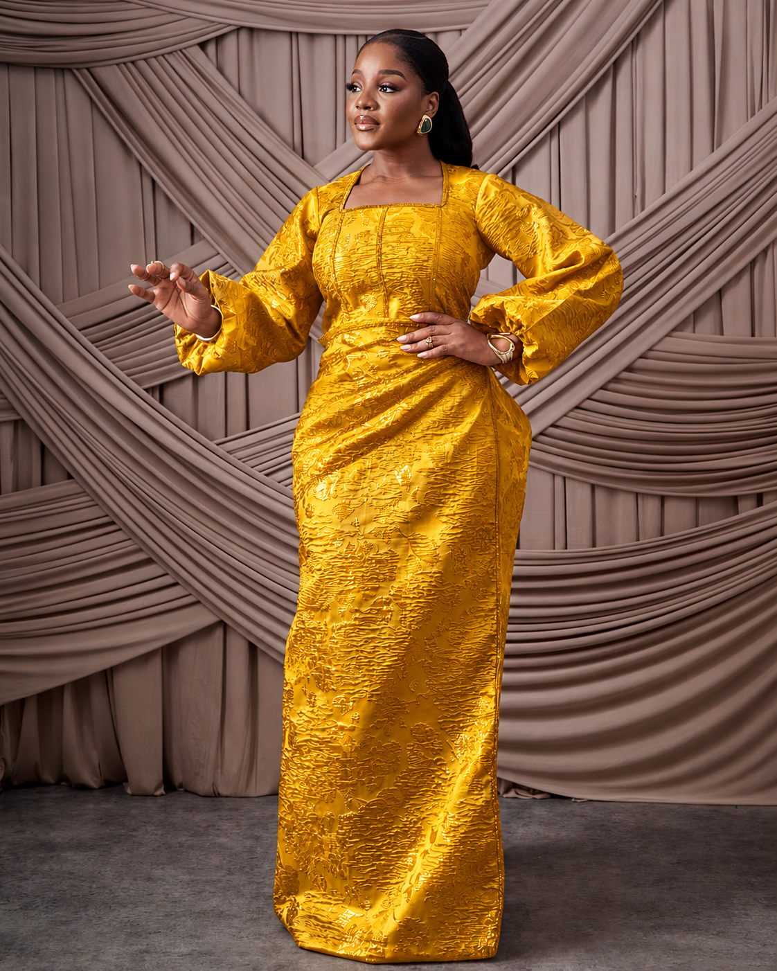 Neema Gold African Brocade Blouse and Wrapper