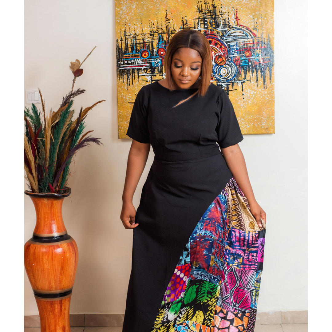 Nuella Crepe and silk african print patchwork mix long dress