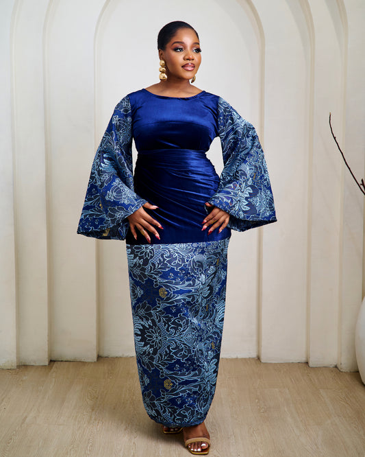 Amina Blue Velvet African Brocade Blouse and Wrapper