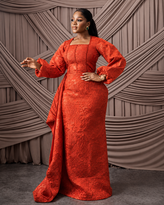 Neema Orange African Brocade Blouse and Wrapper