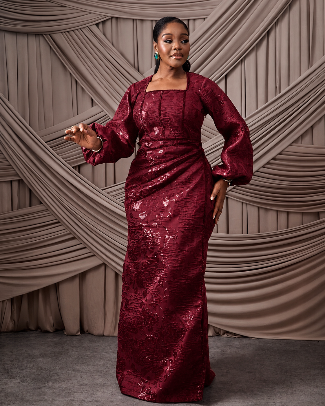 Neema Wine African Brocade Blouse and Wrapper
