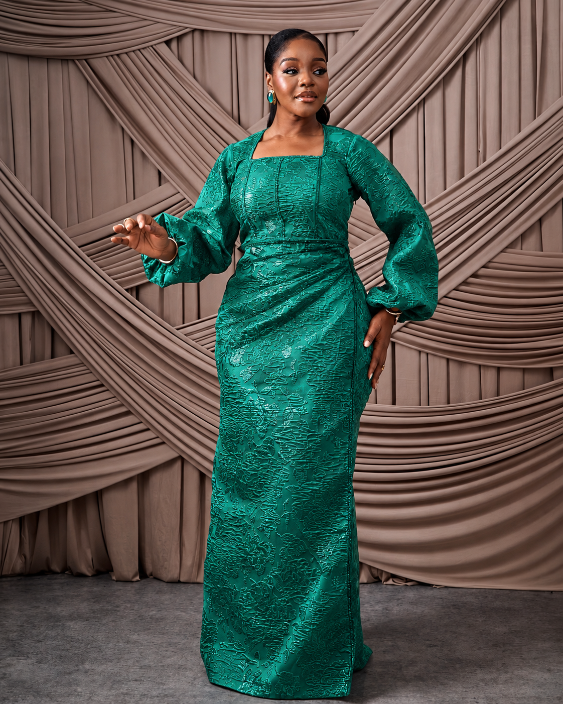 Neema Green African Brocade Blouse and Wrapper