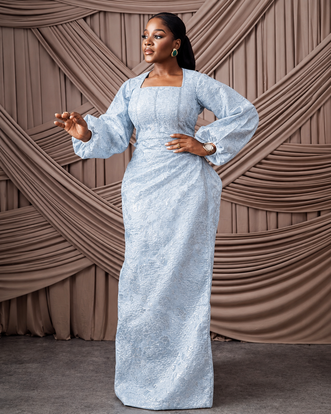 Neema Silver African Brocade Blouse and Wrapper