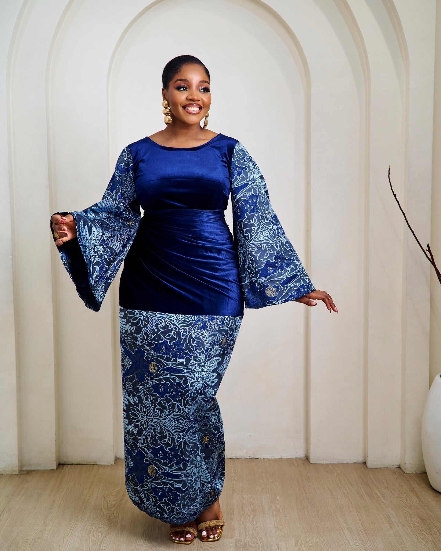 Amina Blue Velvet African Brocade Blouse and Wrapper