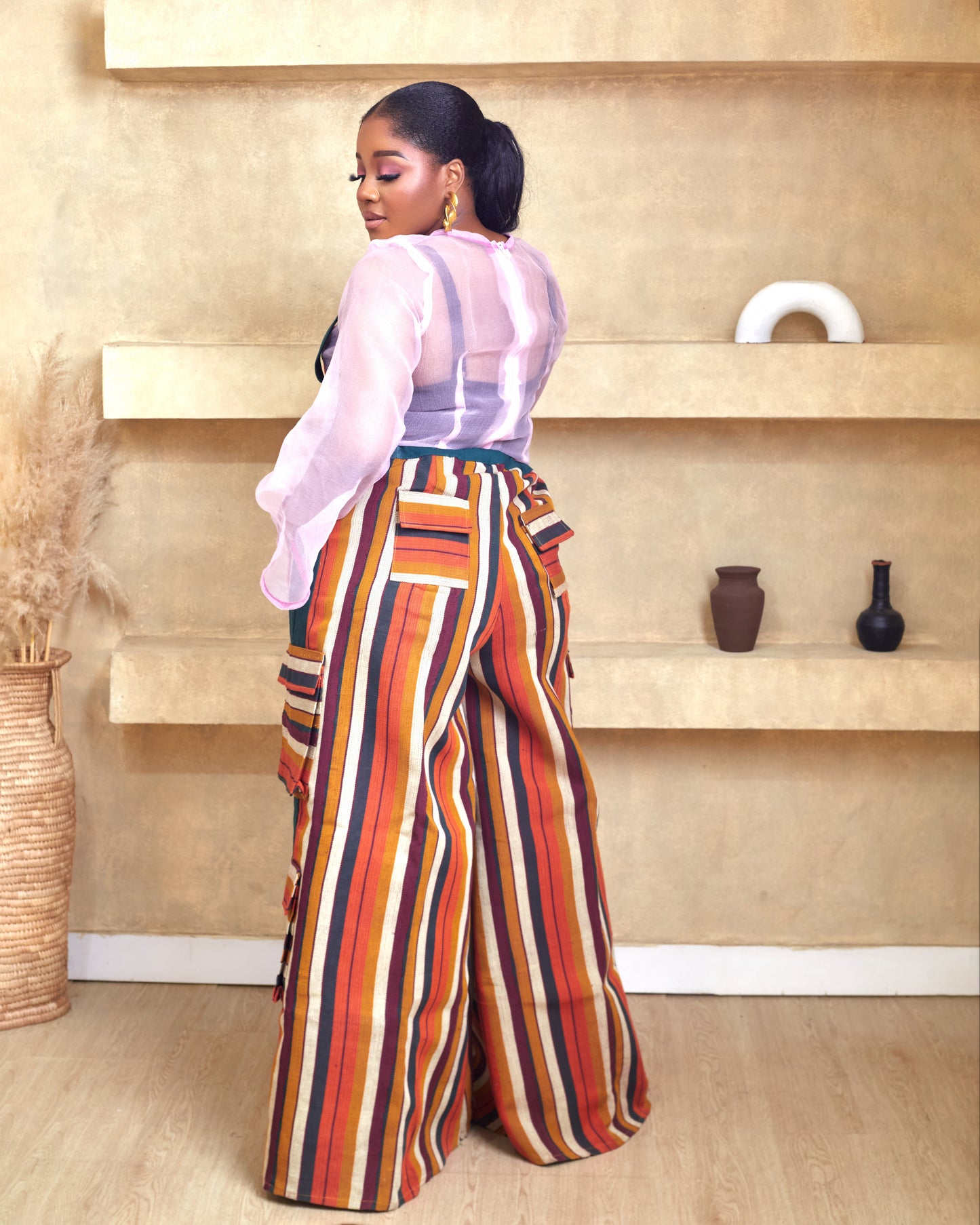 Isioma Orange and Green Aso Oke Cargo Pants and Blouse