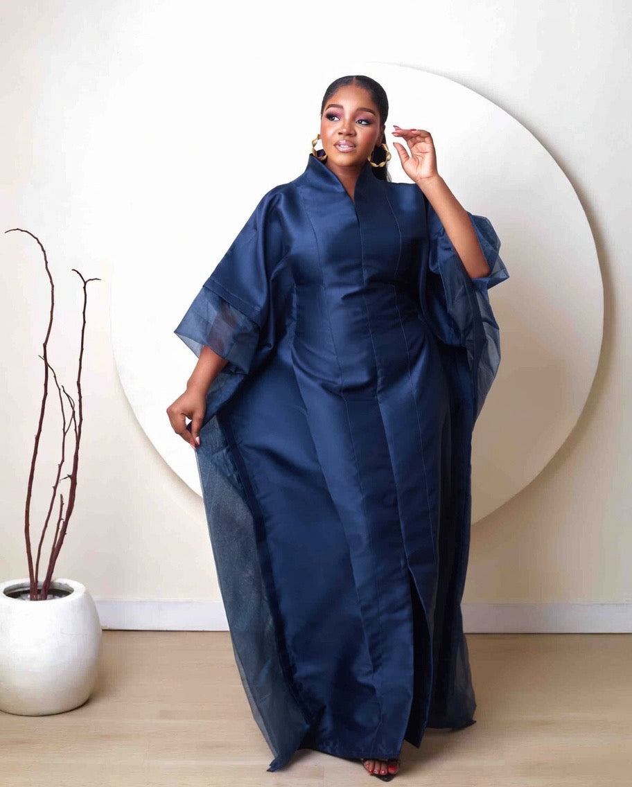 Oyinkansola Navy Blue Mikado and Organdi African Boubou