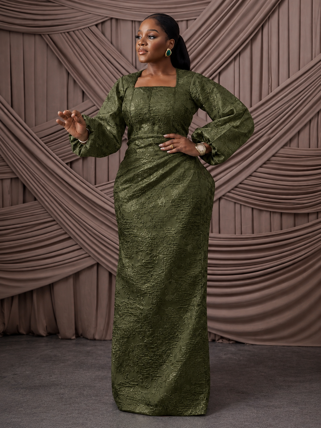 Neema Olive African Brocade Blouse and Wrapper
