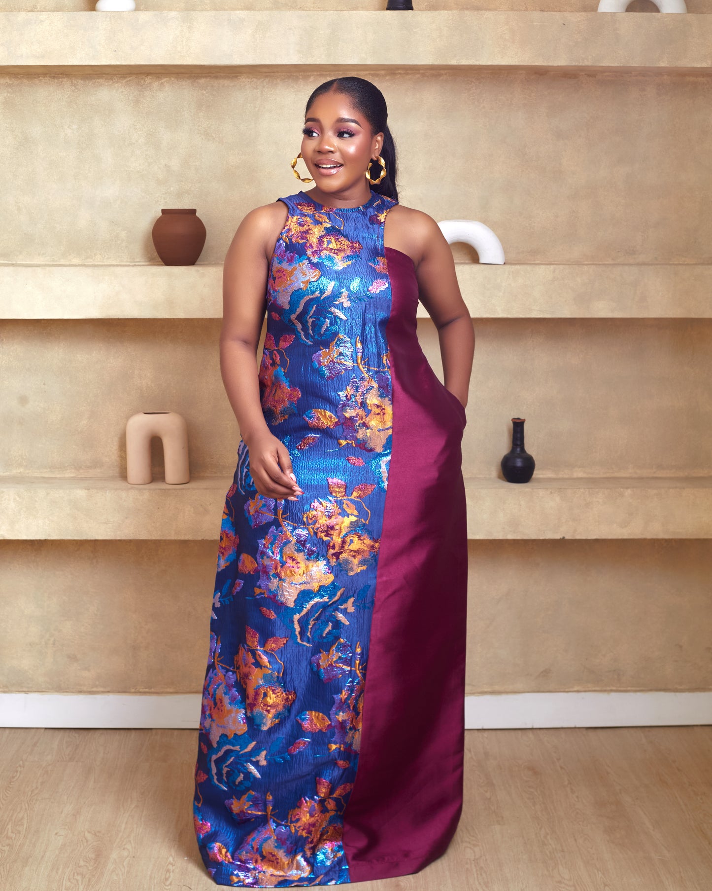 Tasha Damask Mikado Maxi Dress