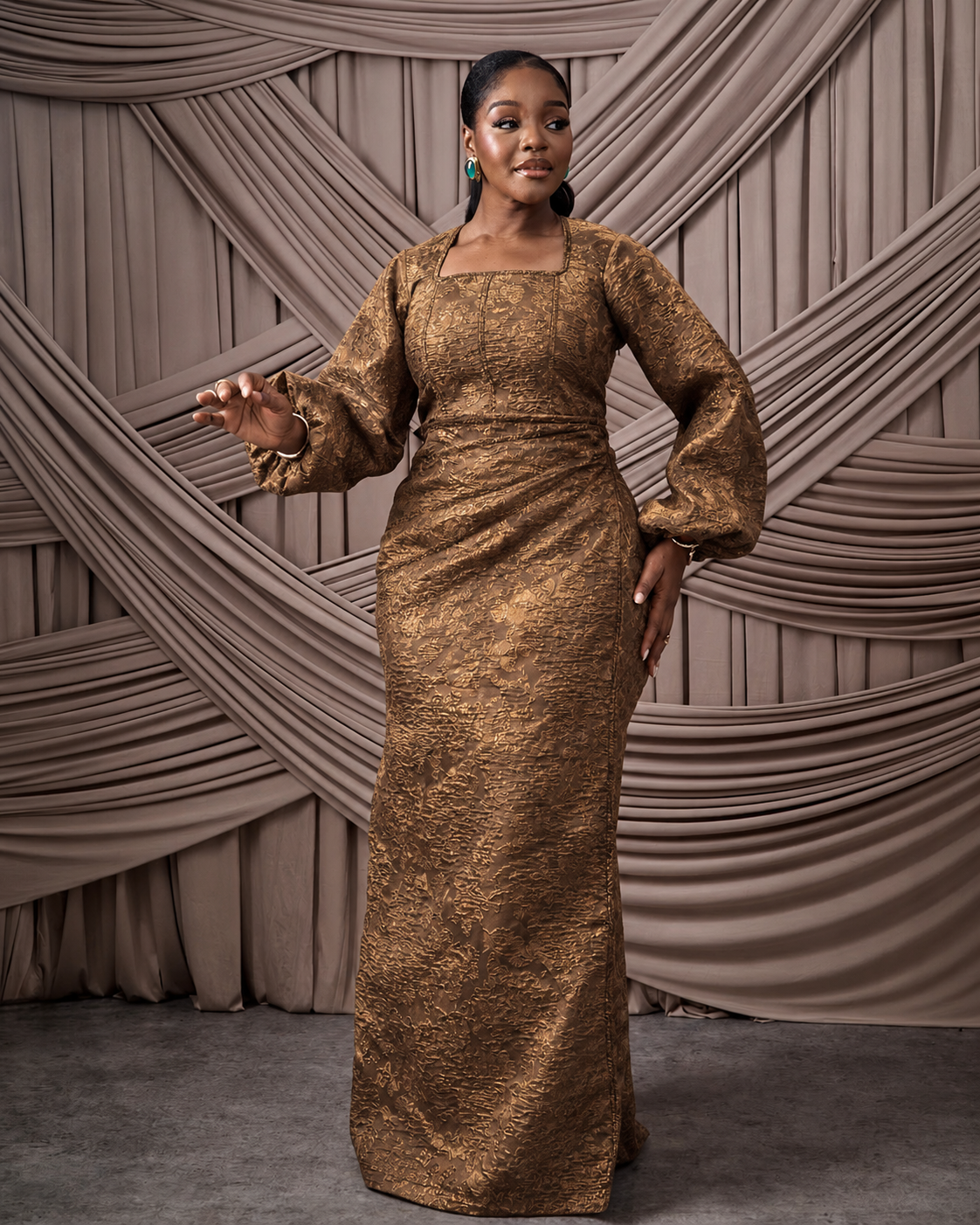Neema Brown African Brocade Blouse and Wrapper