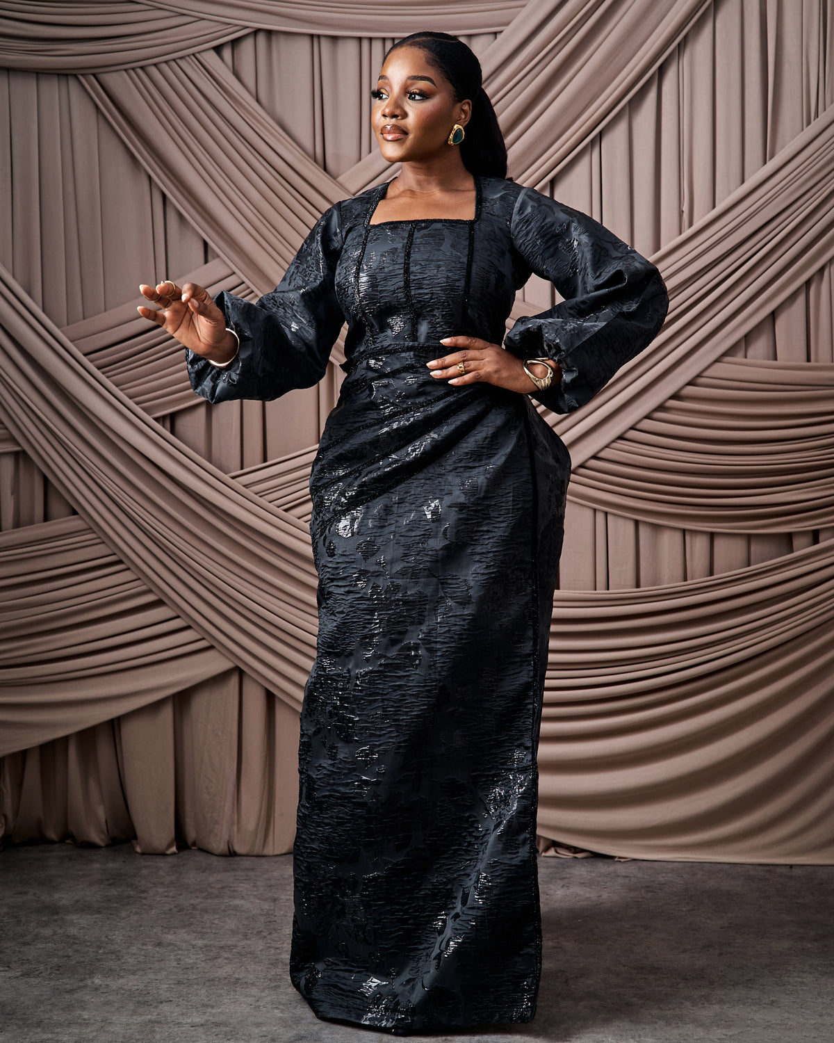 Neema Black African Brocade Blouse and Wrapper