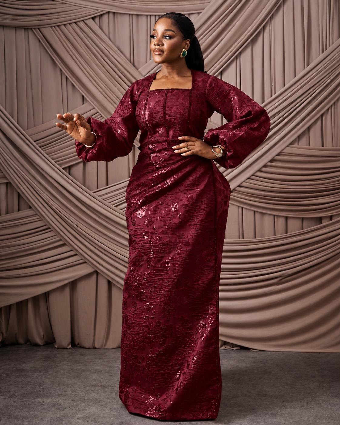 Neema Wine African Brocade Blouse and Wrapper