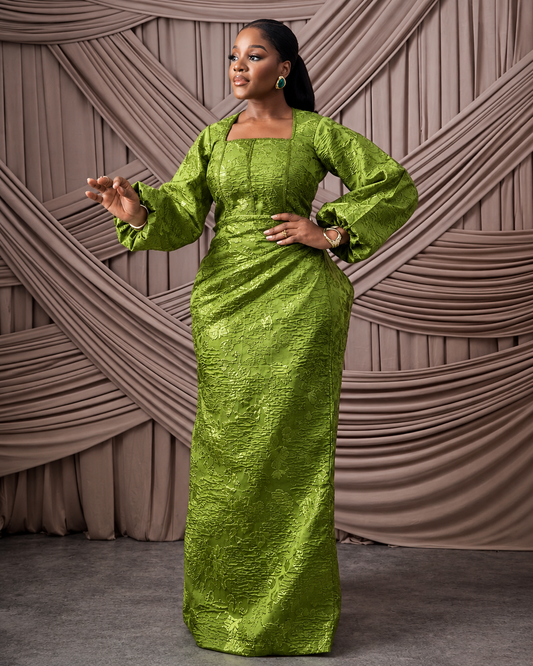 Neema Olive African Brocade Blouse and Wrapper
