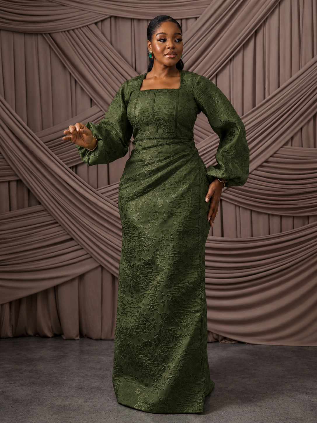 Neema Olive African Brocade Blouse and Wrapper