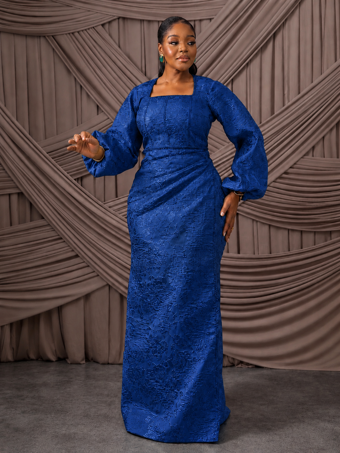 Neema Blue African Brocade Blouse and Wrapper