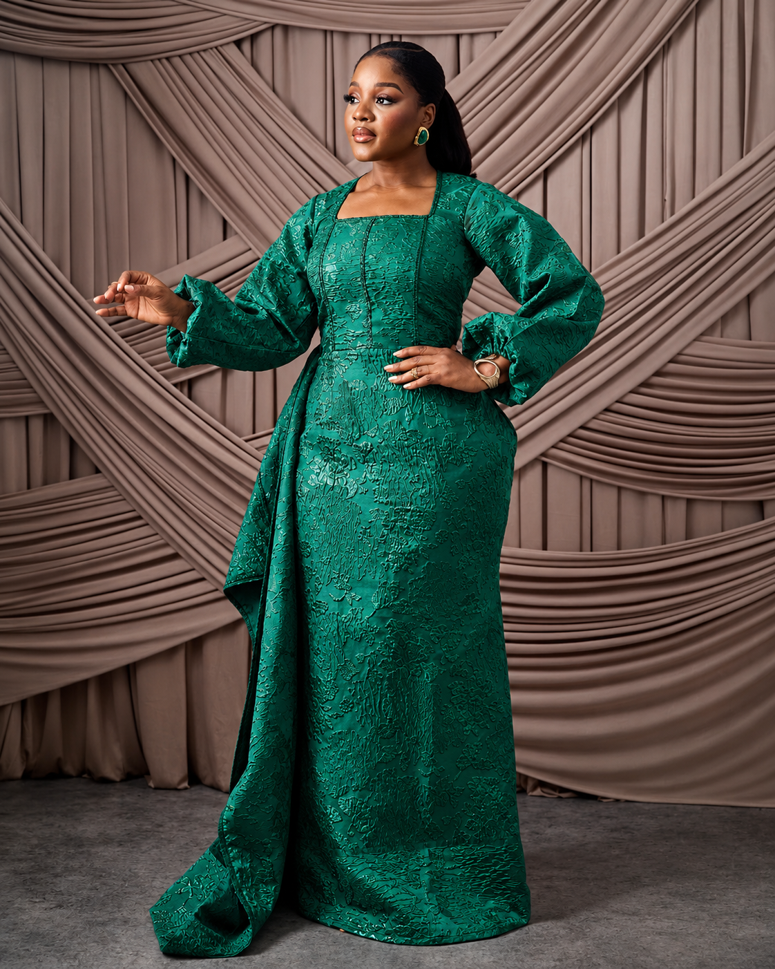 Neema Green African Brocade Blouse and Wrapper
