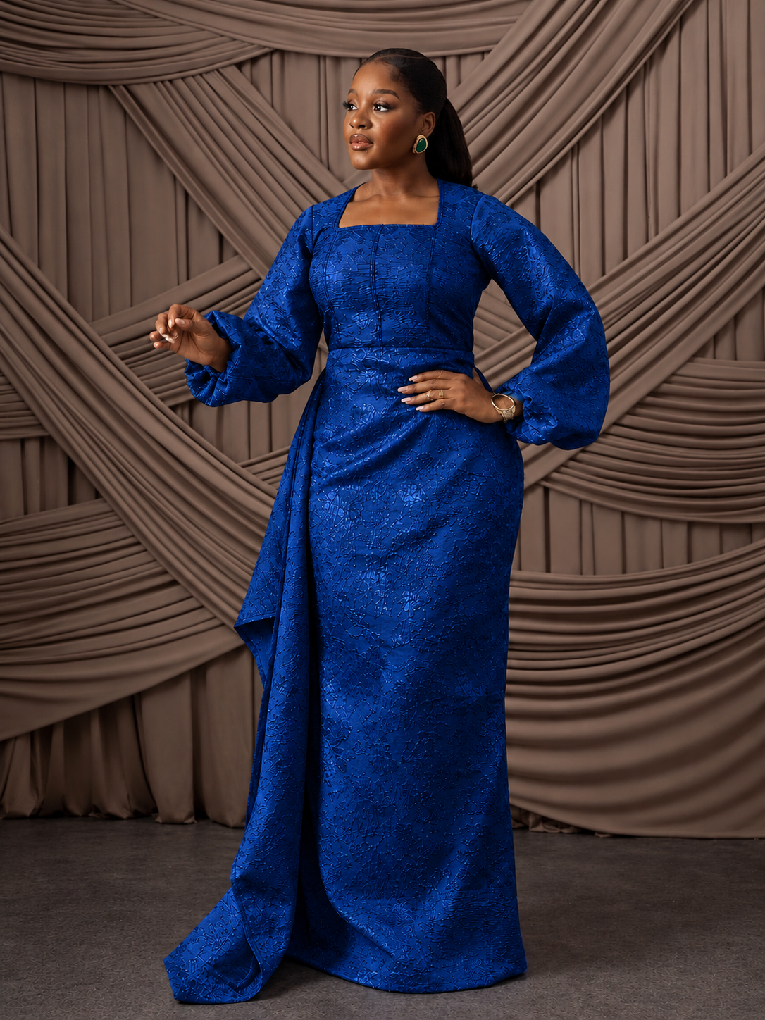 Neema Blue African Brocade Blouse and Wrapper