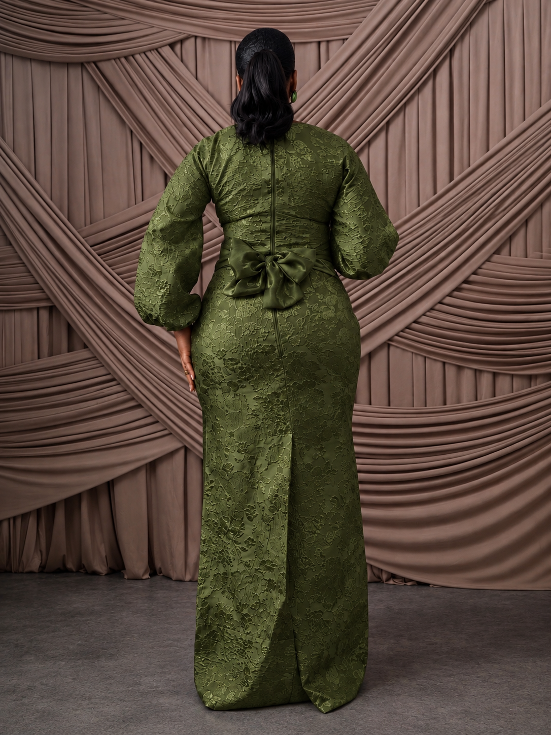 Neema Olive African Brocade Blouse and Wrapper