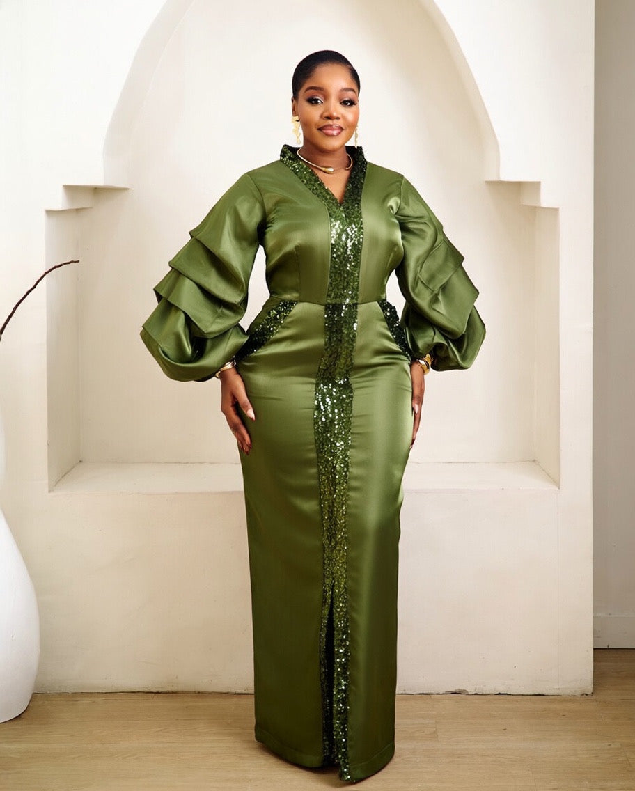 Ohemma Olive Green Kaftan African Maxi Dress