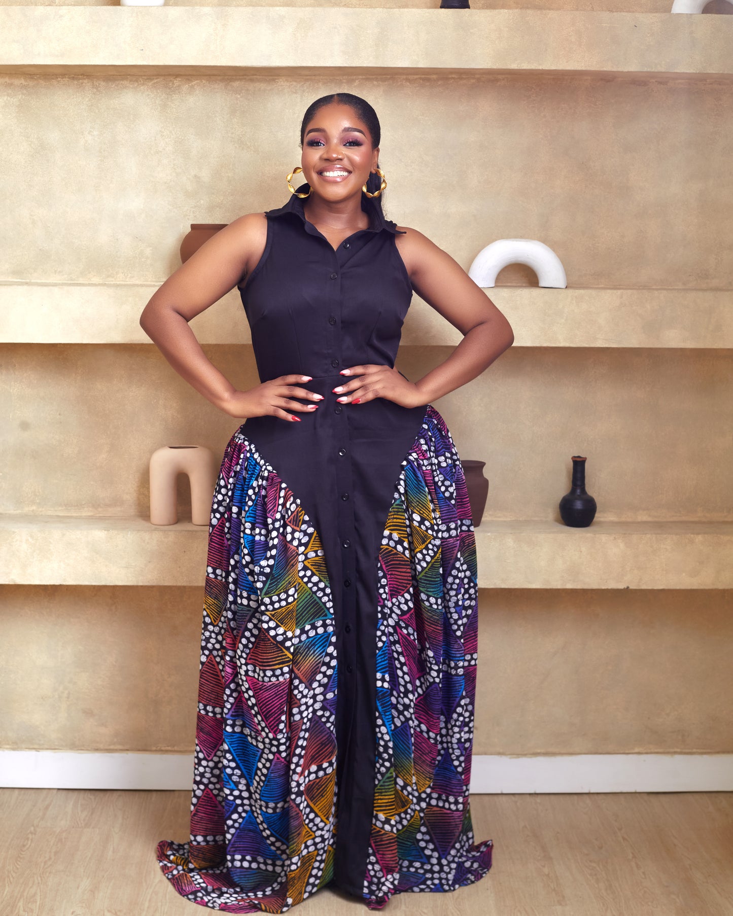Adalia Black Maxi African Print Shirt Dress