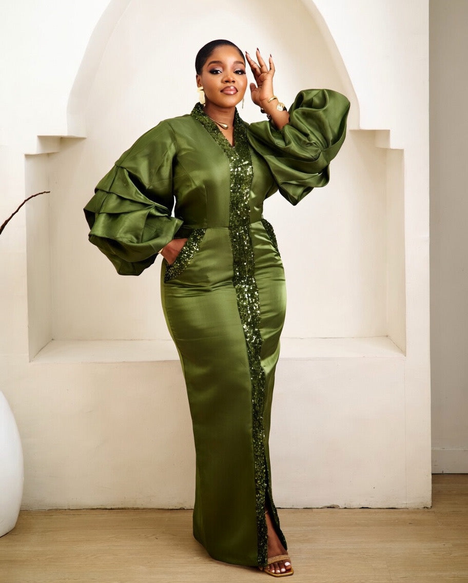 Ohemma Olive Green Kaftan African Maxi Dress