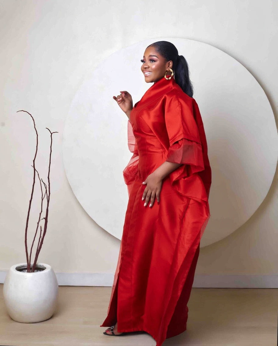 Oyinkansola Red Mikado and Organdi African Boubou