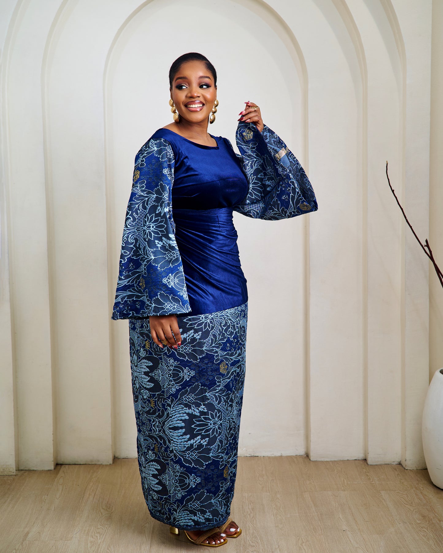 Amina Blue Velvet African Brocade Blouse and Wrapper