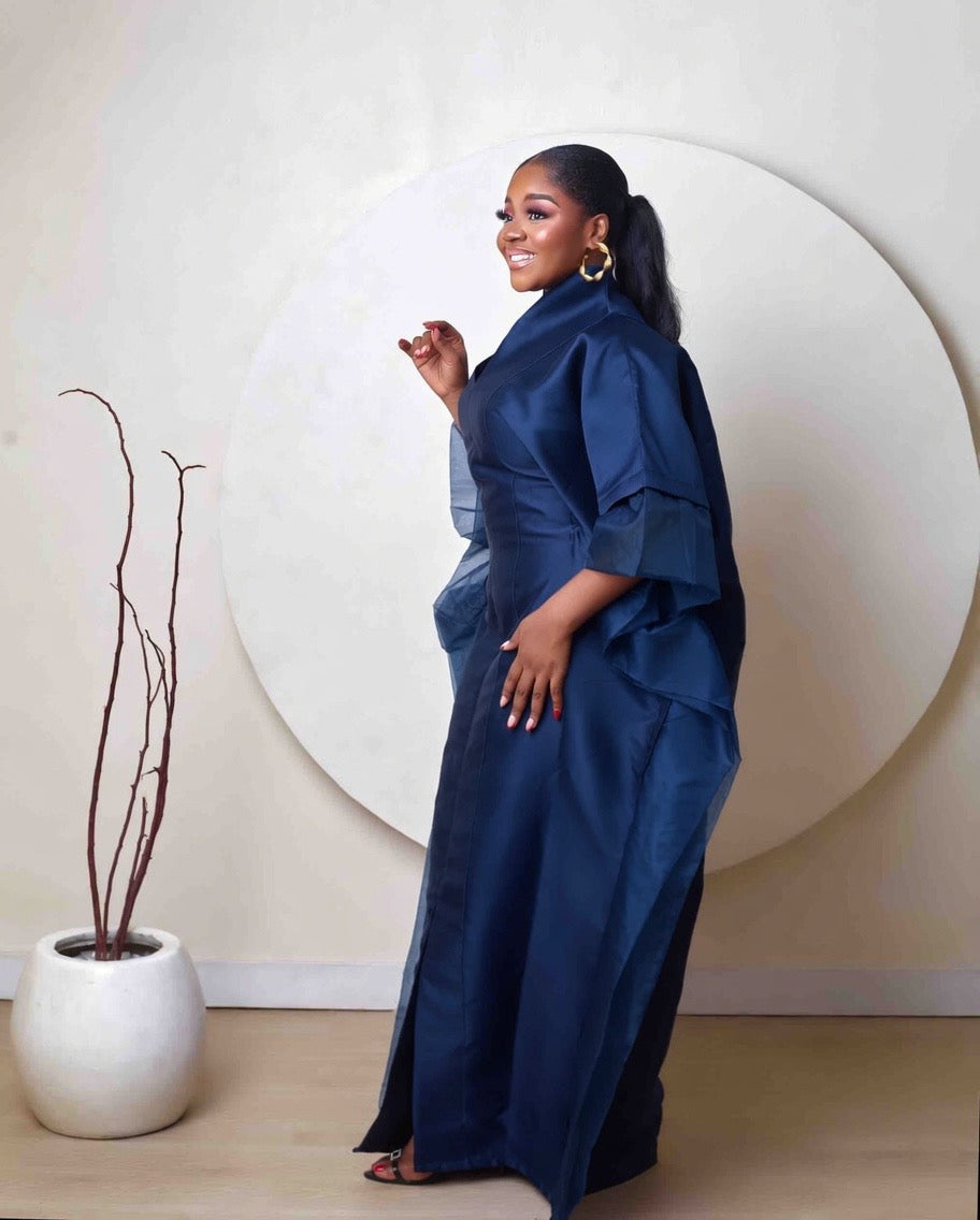Oyinkansola Navy Blue Mikado and Organdi African Boubou